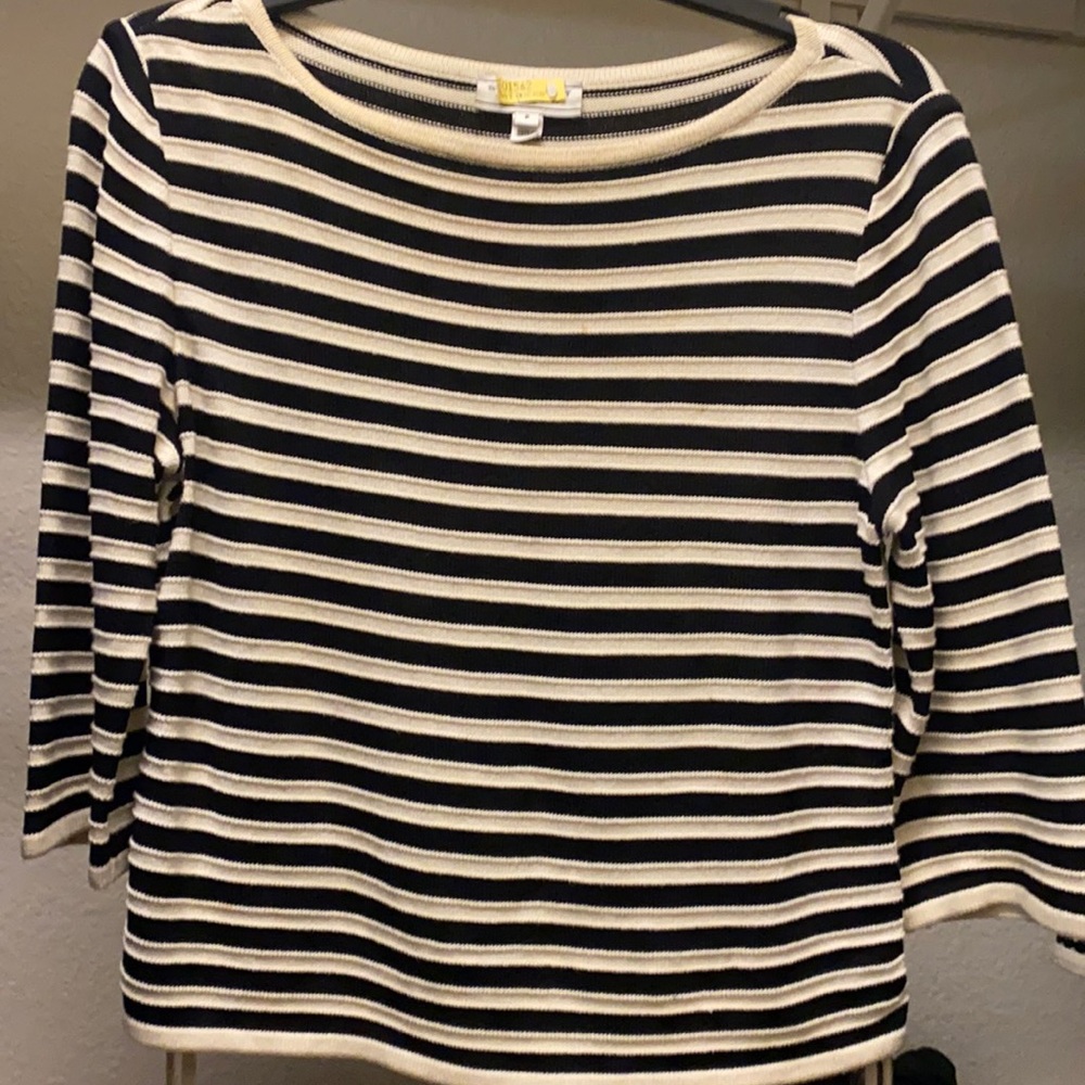 Black and white striped Saint John Sweater with draw string sides